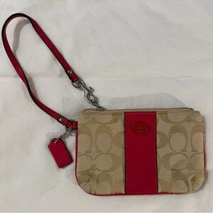 Coach Beige and Red Signature Logo Wristlet